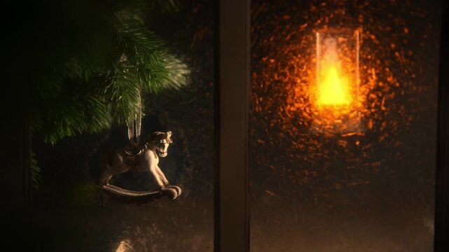 Christmas rocking horse ornament hanging from a pine branch, viewed through a window, with a glowing lantern light illuminating a dark, cozy holiday scene creating a nostalgic atmosphere