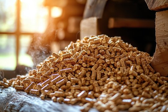Compressed wood pellets on a plain background. Natural biomass material for alternative fuel and cat litter. Close-up view of a pile of organic wood pellets