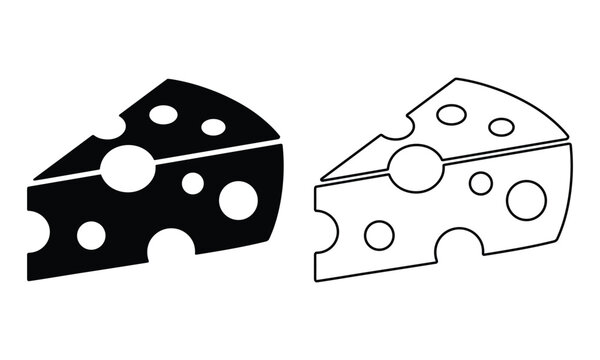 Minimalist cheese wedge icons set illustrating delicious dairy snacks in high-contrast black and white graphic design studio.