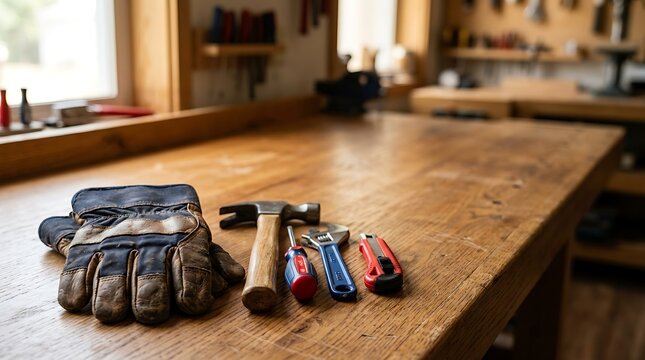Workplace carpenter wooden workbench with set of hand tools including leather work gloves, hammer, screwdriver, adjustable wrench, and utility knife.