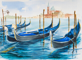 Venetian gondolas in Grand Canal, Venice, watercolor hand drawn illustration © Frischschoggi