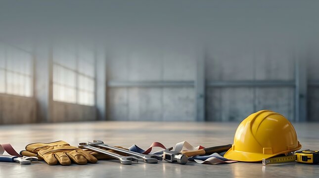 Yellow safety hard hat with construction tools including wrenches hammer work gloves on concrete floor in empty warehouse background illustration