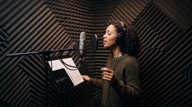 Focused female vocalist records song in acoustic studio booth, wearing headphones and singing into condenser microphone beside pop filter and music stand, with warm dramatic lighting and textured