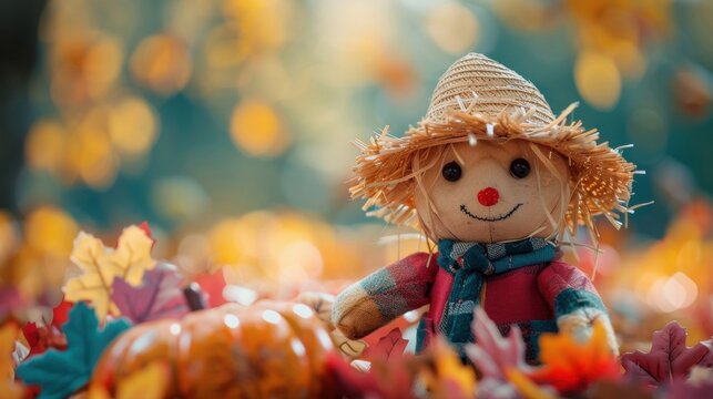 Amusing scarecrow with seasonal vegetable harvest