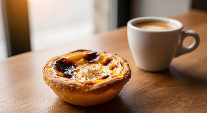 A Moment of Delight: A delectable Portuguese custard tart rests beside a steaming cup of coffee, offering a perfect indulgence for a morning treat or an afternoon pick-me-up.