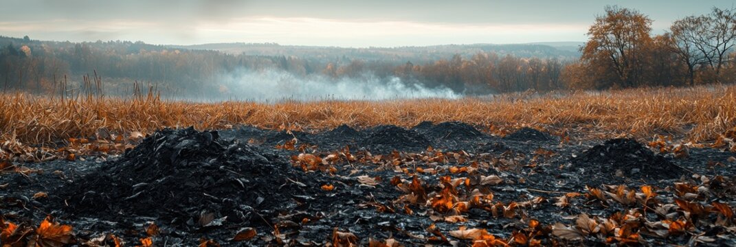 Leftover ash from burning debris on the ground alongside mounds for elongated plant seeds