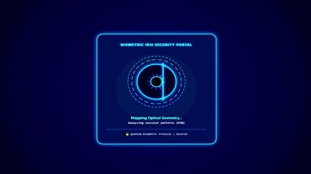 Glowing biometric eye iris scanner animation with futuristic HUD overlay and security verification against a dark blue background motion graphic loop
