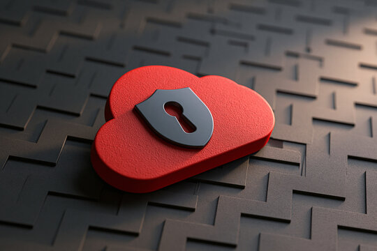 A red cloud security icon featuring a shield with a keyhole rests on a textured dark maze background. Perfect for cybersecurity and data privacy conceptual themes.