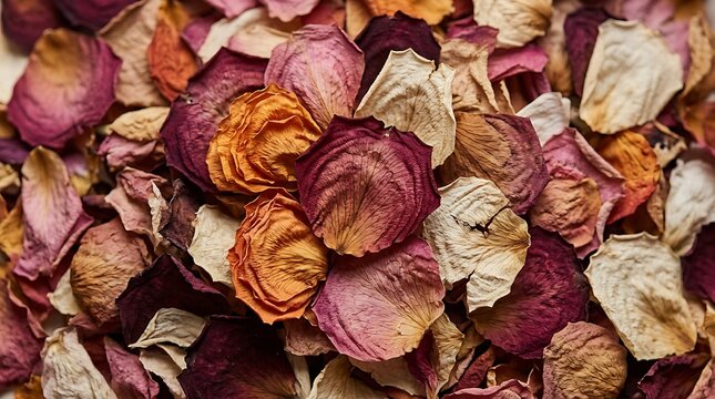 Dried rose petals in mixed colors creating a textured background