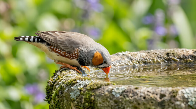 Zebra finch drinking from weathered stone bird bath in garden