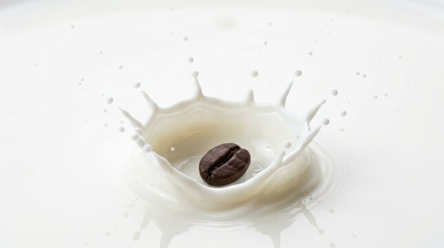 Dynamic splash of a single roasted coffee bean creating ripples in creamy white liquid