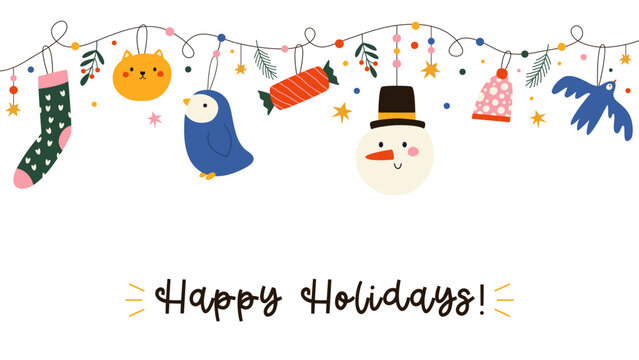 Cute Christmas, New Year holiday banner with festive garland,