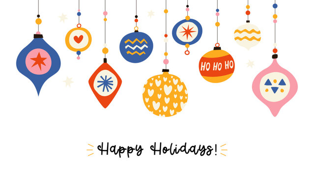 Christmas holiday banner with colorful hanging vintage bauble balls
