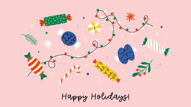 Happy Holidays Christmas greeting card with sweet candies and lights