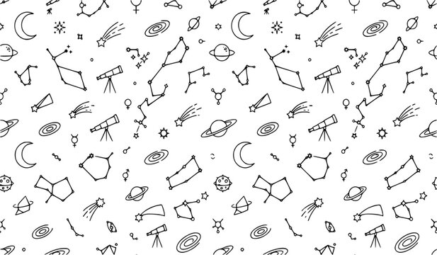 Seamless Astronomy and Space Pattern - Black and White Line Art Constellations and Planets Background