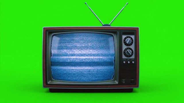 Retro CRT Television with Animated Static Noise and Signal Interference on Green Screen Background, Vintage TV Chroma Key Animation