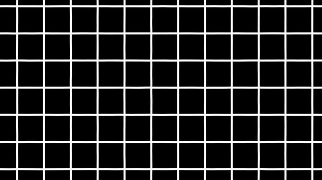 Abstract background with squares grid line animation. Black background with animated thin white wireframe grid line fit for alpha channel or overlay layer. Abstract black and white wavy grid bg.