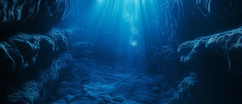Underwater Cave System with Sunbeams, a Mysterious and Serene Scene. Dramatic Lighting Highlights the Rock Formations and Creates a Sense of Depth.