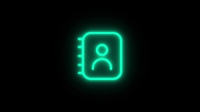 Cyan neon glowing address book contact list icon on black background