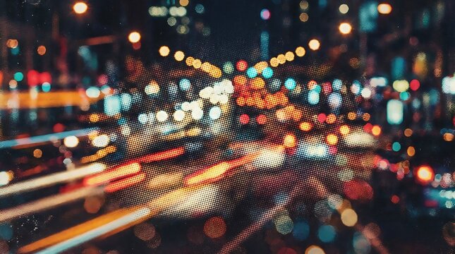Night city lights with abstract halftone texture and bokeh