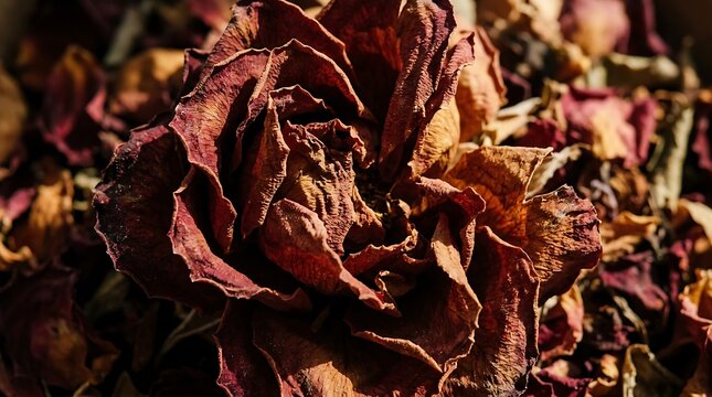 Dried red rose head with withered petals macro