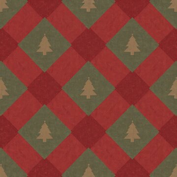 Seamless christmas tartan plaid pattern featuring red and green diagonal diamond checks with pine trees