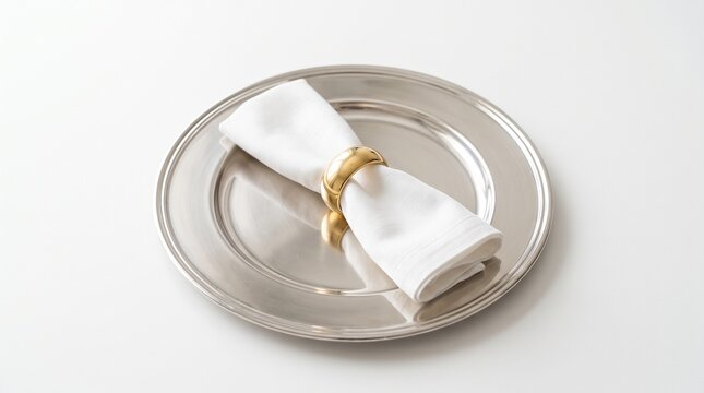 Elegant silver charger plate with a white cloth napkin and gold ring