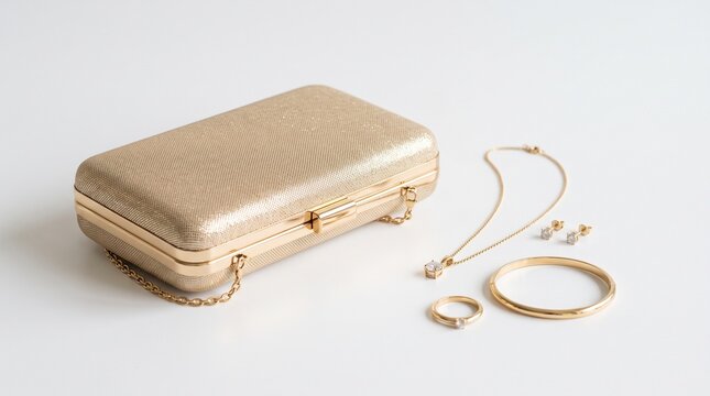 Elegant gold clutch and diamond jewelry set on a clean white background