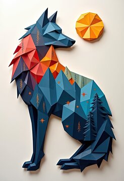 Colorful geometric wolf stands beside glowing sun in forest scene