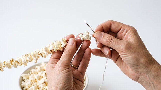 Hands stringing popcorn kernels onto a needle and thread for decoration