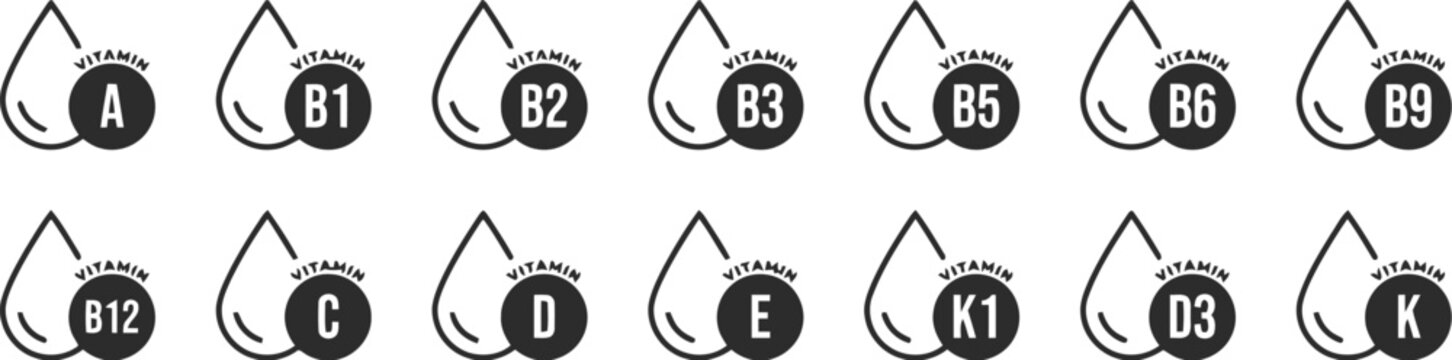 Drops Vector Icon Set, Health Supplement Nutrient Symbols A B1 B2 B3 B5 B6 B9 B12 C D E K