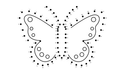 Naklejka premium Butterfly coloring page with connect the dots numbers game, simple black and white outline. Childrens coloring book, activity sheet, printable worksheet and educational activity illustration.