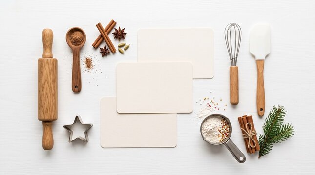 Baking ingredients and tools arranged for holiday recipe creation