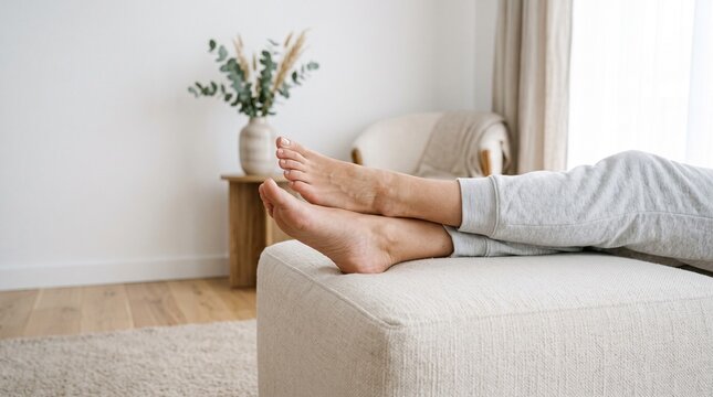 Relaxed bare feet resting on a soft ottoman in a cozy living room