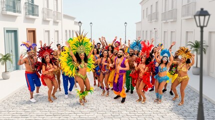 Obraz premium Vibrant dancers in colorful costumes celebrate a lively street festival with joyful energy