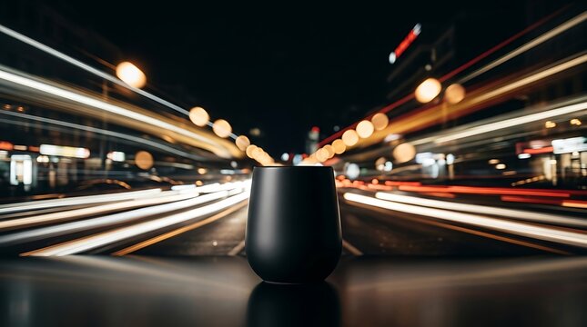 Black matte cup against night city traffic light trails