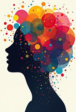 Colorful circles burst from silhouette of woman's head in vibrant abstract art