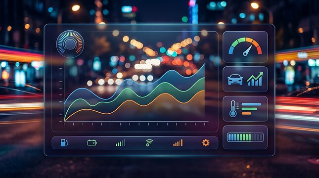 Smart car digital dashboard showing data over night city traffic