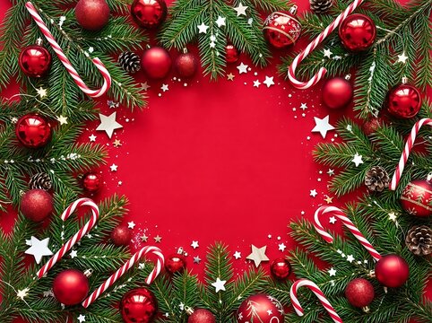Christmas frame with red background pine branches candy canes ornaments