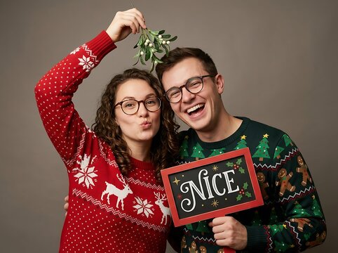Playful young couple holding mistletoe above heads and a nice sign for christmas