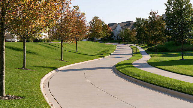 Suburban neighborhood street curve with autumn trees, green grass lawn, and concrete sidewalk in a peaceful residential community area