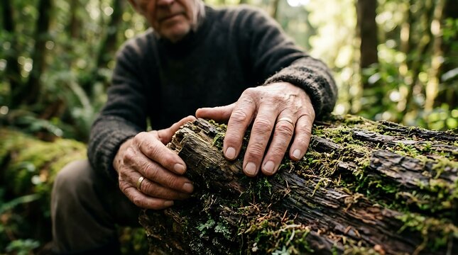 Senior man hands touching mossy log in forest