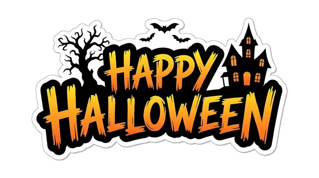 Happy Halloween die cut sticker with haunted castle and spooky tree