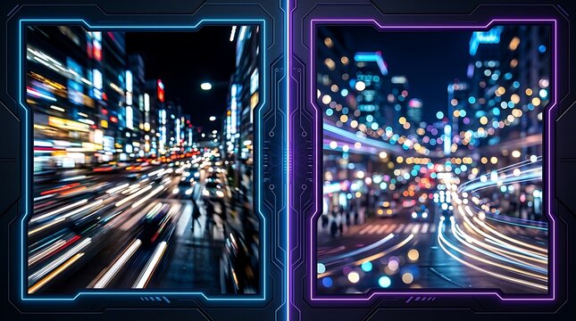 Cyberpunk dual cityscapes with neon light trails and tech frames