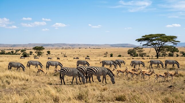 Herd of zebras and gazelles grazing in the african savanna