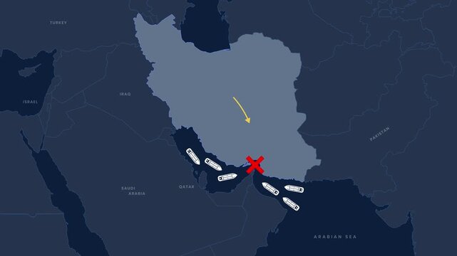 Map Animation Showing Strait Of Hormuz Blockade By Iran With Maritime Shipping Disruption And Red Cross Indicator 4K