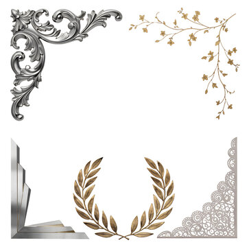 Set of elegant vintage decorative corner ornaments and laurel wreath isolated on a professional transparent background design