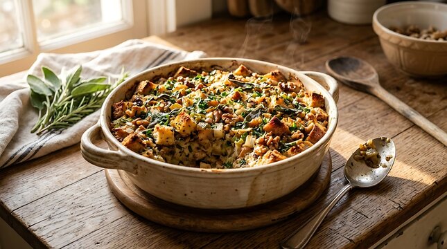 Holiday stuffing in casserole dish with spoon and herbs.