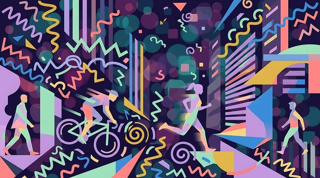 Colorful geometric art of people exercising in a vibrant city