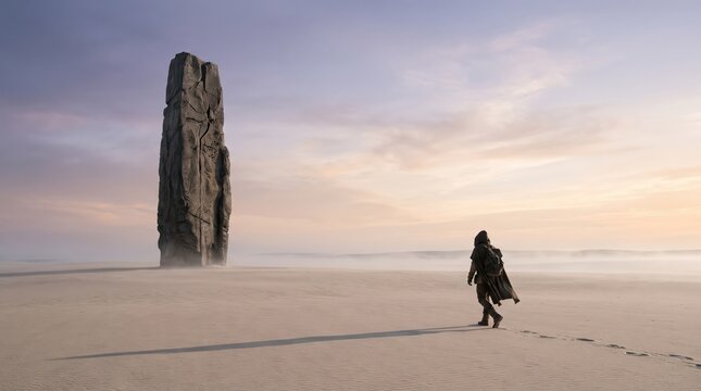 Mysterious monolith desert landscape person walking towards ancient stone structure spiritual journey solitude exploration discovery